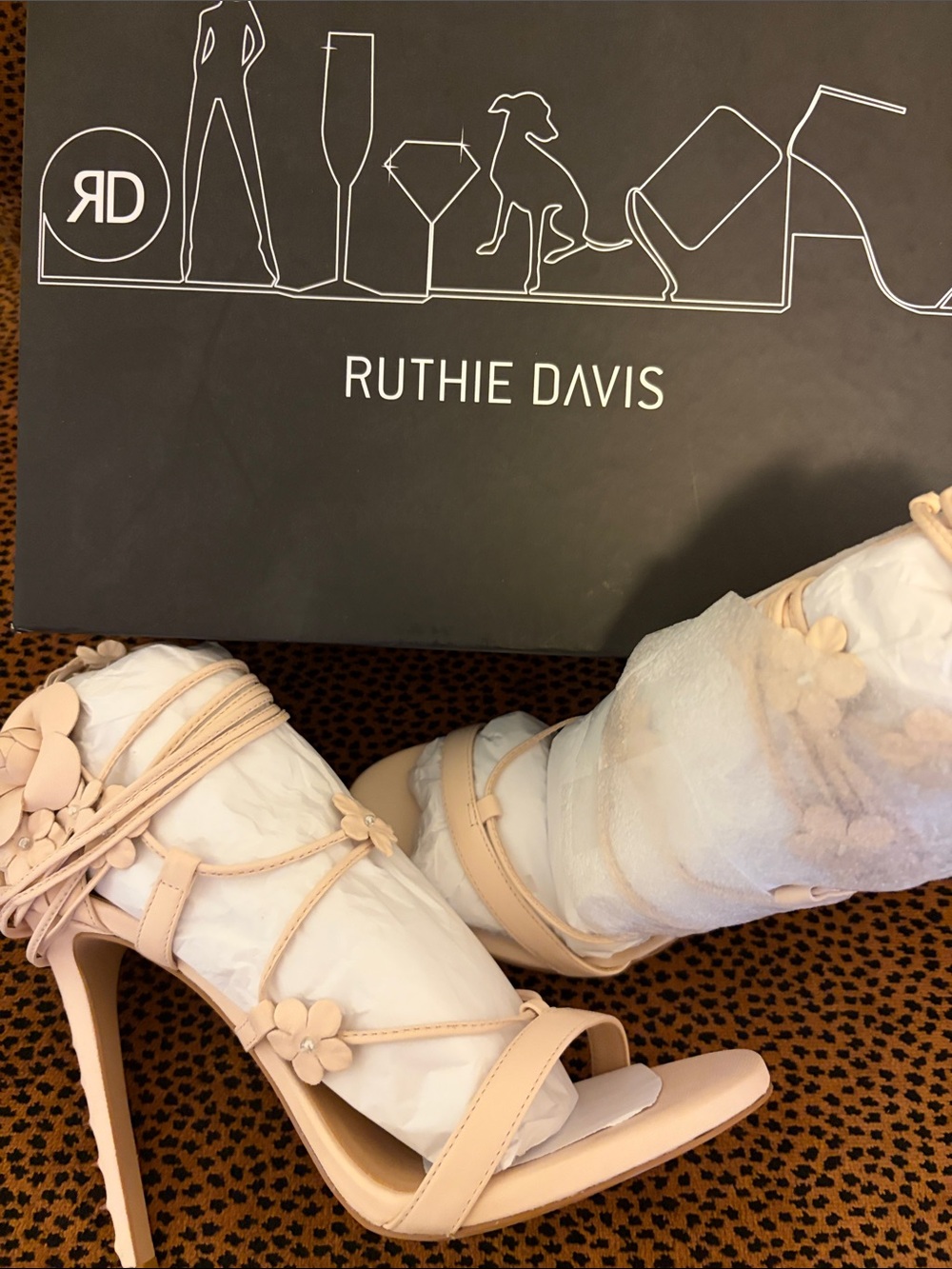 Ruthie Davis Nude Floral Lace-Up Stiletto Sandals